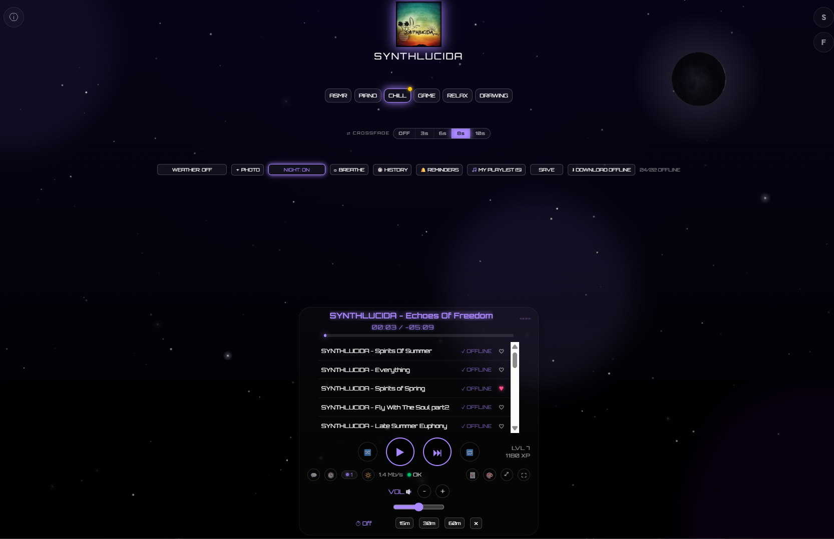SYNTHLUCIDA Player desktop app interface showing the playlist, now-playing track and player controls