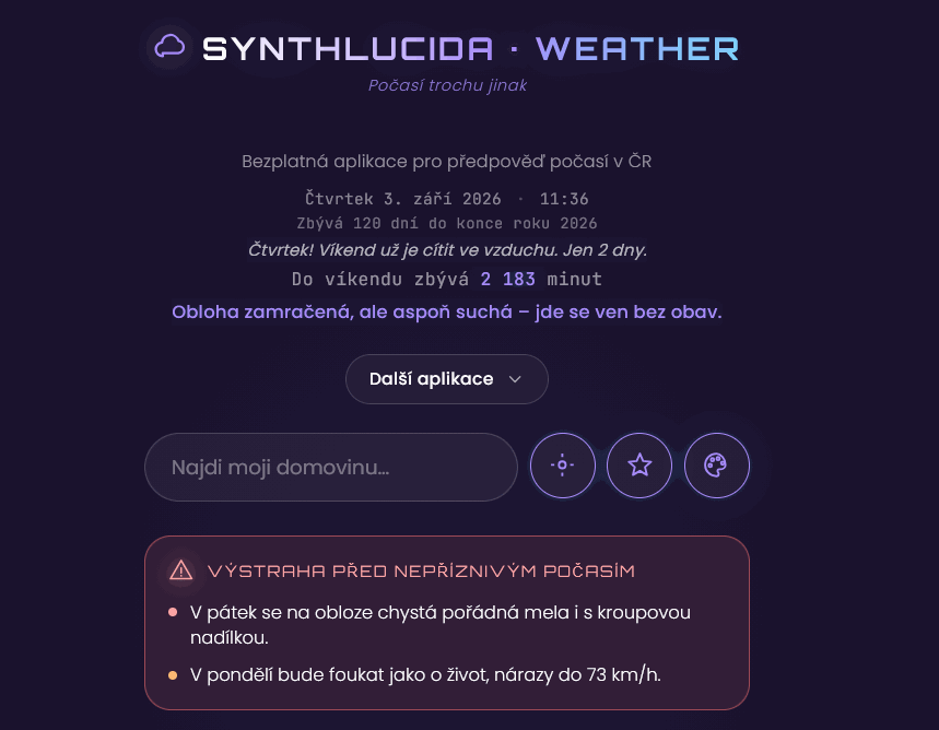 SYNTHLUCIDA WEATHER — hlavička appky s hláškou k počasí, vyhledáním a výstrahou před nepříznivým počasím