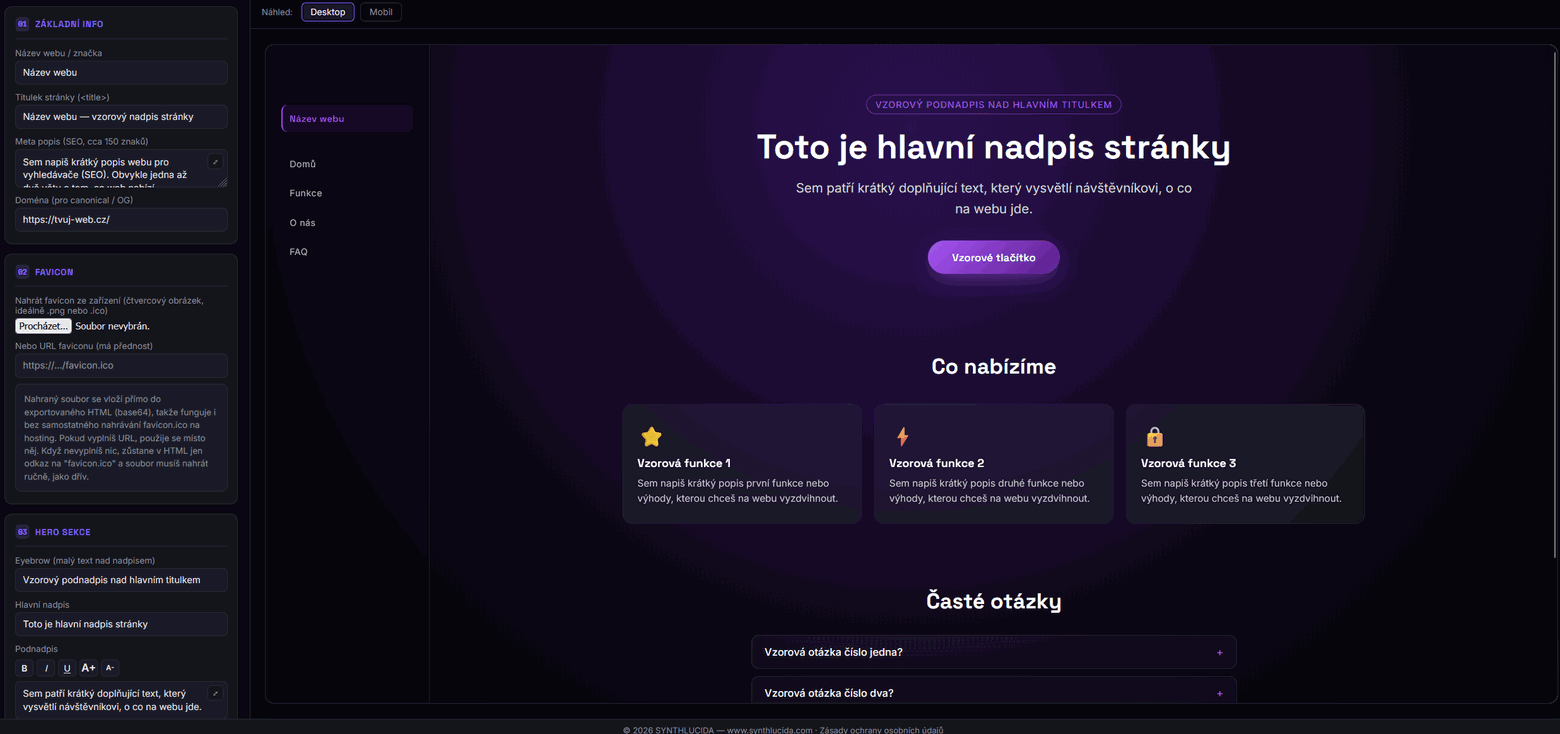SYNTHLUCIDA WEBZENith editor — form on the left, live website preview on the right